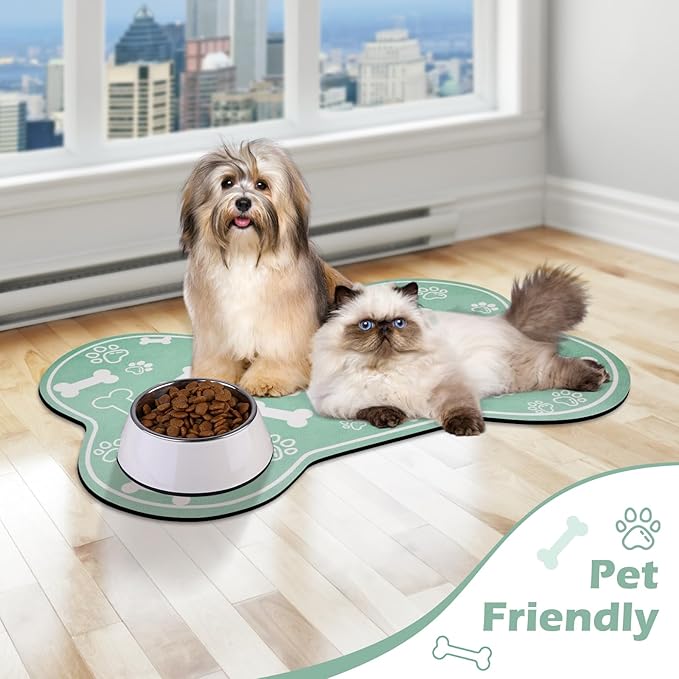 Dog Cat Mat for Food and Water,Rapid Absorbent Pet Feeding Mat, Bone Shaped Dog Placemat Bowl Mat with Rubber Backing,No Stains Pet Food Mats Indoor, Pet Accessories Supplies,Green 17"×29"