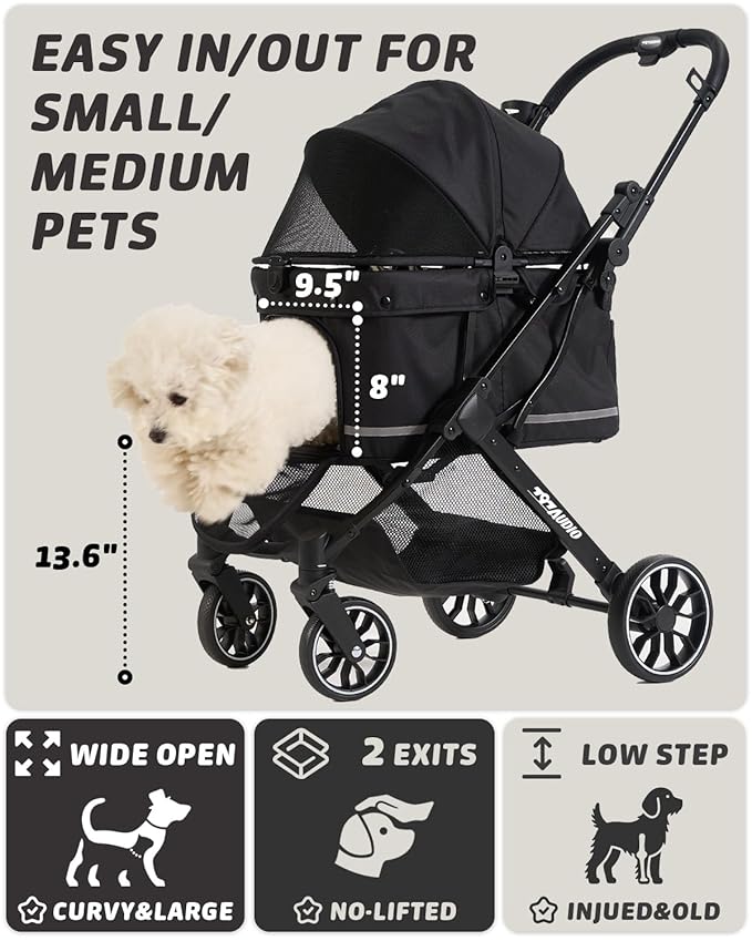 797Audio Dog Stroller for Small Medium Dogs,Pet Stroller for Cats Puppy Up to 121lbs,Foldable,One Click Folding,4 Wheel Shock Absorption,Adjustable Canopy with Sun Shades,Removable Washable Pad(Black)