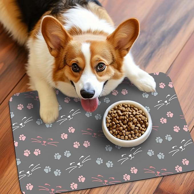 Patterned Cat & Dog Bowl Mat for Food and Water, 12"×20" Quick Dry Absorbent Pet Feeding Mat, Eco-Friendly Dog Placemat