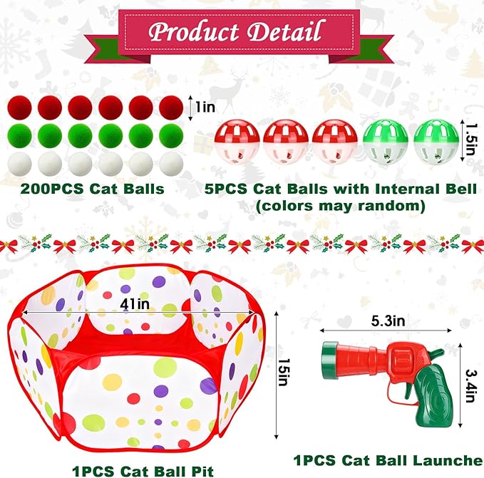 Mity rain Cat Ball Pit with Balls Included, Interactive Toy for Indoor Bored Cats with Ball Launcher, Jingle and Pom Pom Balls, Christmas Cat Toys Enrichment, Kitten Toys for Self Playing Red