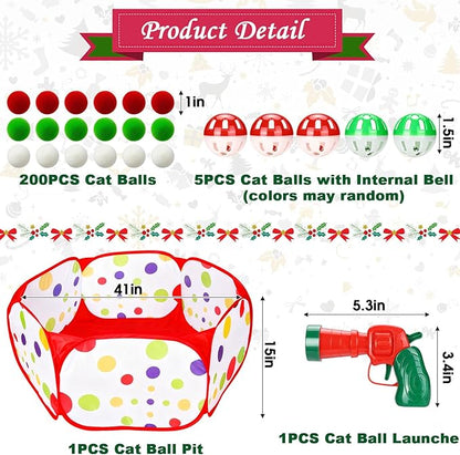 Mity rain Cat Ball Pit with Balls Included, Interactive Toy for Indoor Bored Cats with Ball Launcher, Jingle and Pom Pom Balls, Christmas Cat Toys Enrichment, Kitten Toys for Self Playing Red