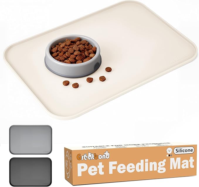 100% Waterproof Silicone Pet Feeding Mat,Warped Resistant Raised Edge BPA-Free Dog Cat Food Mats, Non-Slip Pet Placemat with High Lip to Prevent Spills, Dishwasher Safe, 21.5"x14" Beige