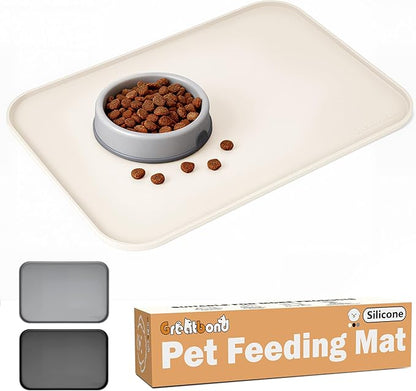 100% Waterproof Silicone Pet Feeding Mat,Warped Resistant Raised Edge BPA-Free Dog Cat Food Mats, Non-Slip Pet Placemat with High Lip to Prevent Spills, Dishwasher Safe, 21.5"x14" Beige