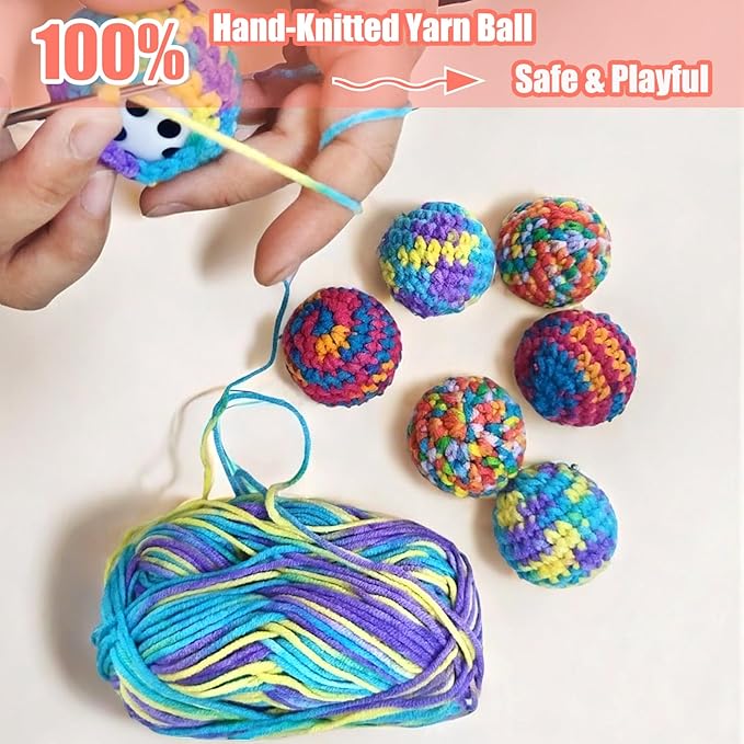 Cat Ball with Bell 3 Jingle Bell Ball & 3 Soft Pom Pom Balls Interactive Kitten Toys for Hunting Kicking, Handmade Small 1.8” & Large 2.1” for Cats Kittens 6 Pack