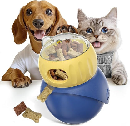Pet Treat Dispenser,Enrichment and Interactive Toys for Dogs and Cats,Owl-Shaped ABS Blue and Yellow Puzzle Slow Feeder,Puppy Essentials,No BPA