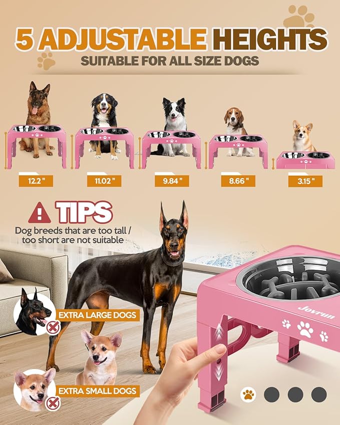 Elevated Dog Bowls for Medium Large Size Dogs, Non-Slip Dog Feeder with 1*Stainless Steel Dishes & 1*Slow Feeder Bowl, 5 Heights Adjustable Raised Bowls to 3.15″-8.66″-9.84″-11.02″-12.2″