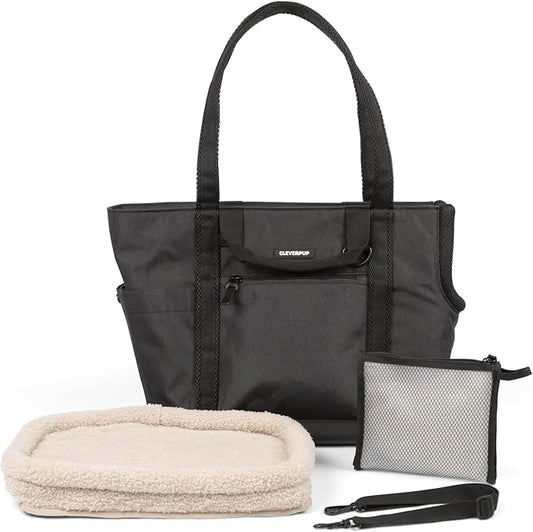 CLEVERPUP Transit Tote Dog Carrier for Small/Medium Dogs 8-20 lbs, 19x12x9 Soft-Sided 4-Pc Set with Waterproof Base, Plush Insert, Food Pouch, Mesh Head Opening - Medium, Graphite