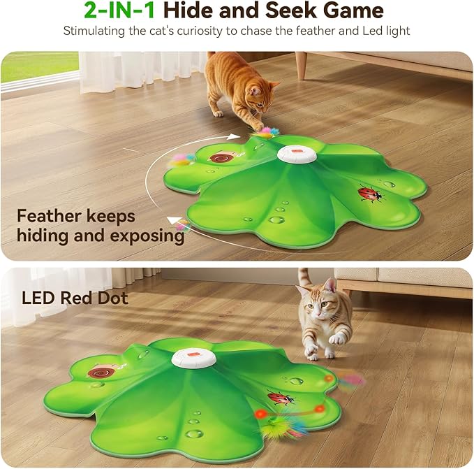 FEELNEEDY Rechargeable Cat Toys, 2 in 1 Hide and Seek Game Interactive Cat Toy, Movable LED Red Dot, Moving Concealed Feathers, Durable Exercise Toys for Indoor Cats, Bored Adult Cats Wand Toy