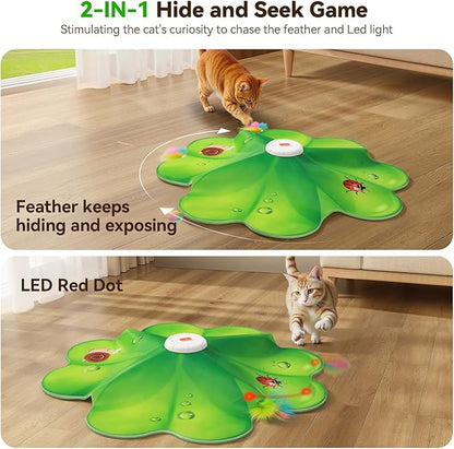 FEELNEEDY Rechargeable Cat Toys, 2 in 1 Hide and Seek Game Interactive Cat Toy, Movable LED Red Dot, Moving Concealed Feathers, Durable Exercise Toys for Indoor Cats, Bored Adult Cats Wand Toy