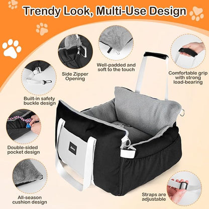 SIVES Dog Car Seat for Small Dogs, Soft Booster Seat Travel Bed with Side Flaps, Non-Slip Base, Seat Belt Straps + Safety Tether, Storage Pocket, Washable Cushion, Recommended Up to 33 lbs, Black