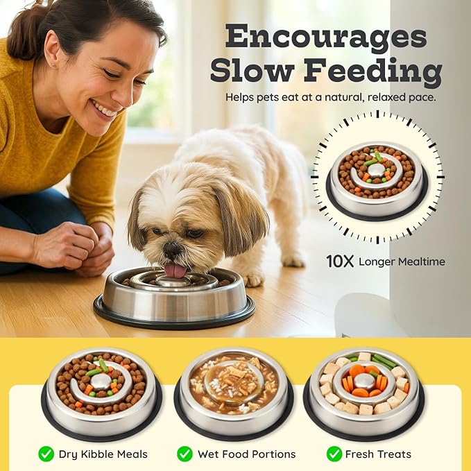 1.2 Cup (9.5 oz) Slow Feeder Dog Bowls, Shallow Spiral Style Stainless Steel Small Dog, Cat Dry, Wet Food Dishes Fast Eater Nonslip Heavy Feeding Puzzle Bowl, Slow Down Eating