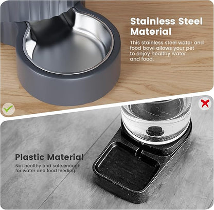 Gardner Pet Gravity Cat Water Dispenser & Food Feeder, Automatic Feeder Stainless Steel Bowls Two-in-One Set Large Capacity for Pets Cats, Kittens, Dogs, Puppies -(0.8 Gallons x 2)