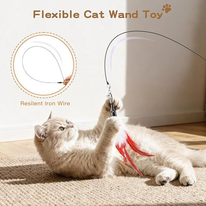 Pawaboo Feather Teaser Cat Toy, Interactive Wands Cats Toy Flying Feathers Cat Catcher with Extra Long 34.5" Wand and Small Bell, Playing Toys, 1 Wand + 10 Feathers, Multi-Color Feather Blend
