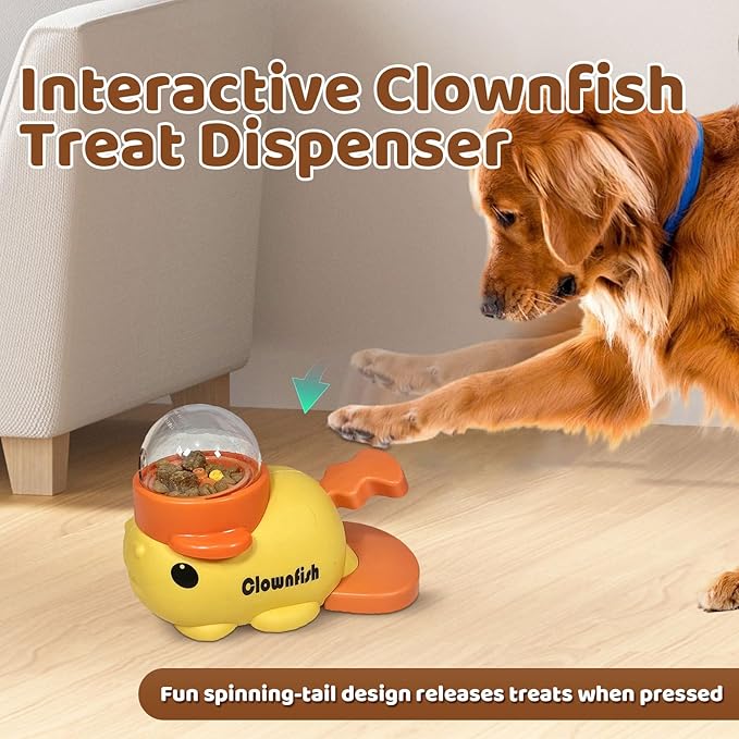 Interactive Clownfish Dog Treat Dispenser Toy with Spinning Tail, Puzzle Slow Feeder for Dogs & Cats, Treat Dispensing Food Puzzle Feeder, Includes Cleaning Cloth & Brush (Pink)