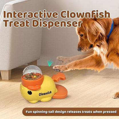 Interactive Clownfish Dog Treat Dispenser Toy with Spinning Tail, Puzzle Slow Feeder for Dogs & Cats, Treat Dispensing Food Puzzle Feeder, Includes Cleaning Cloth & Brush (White)