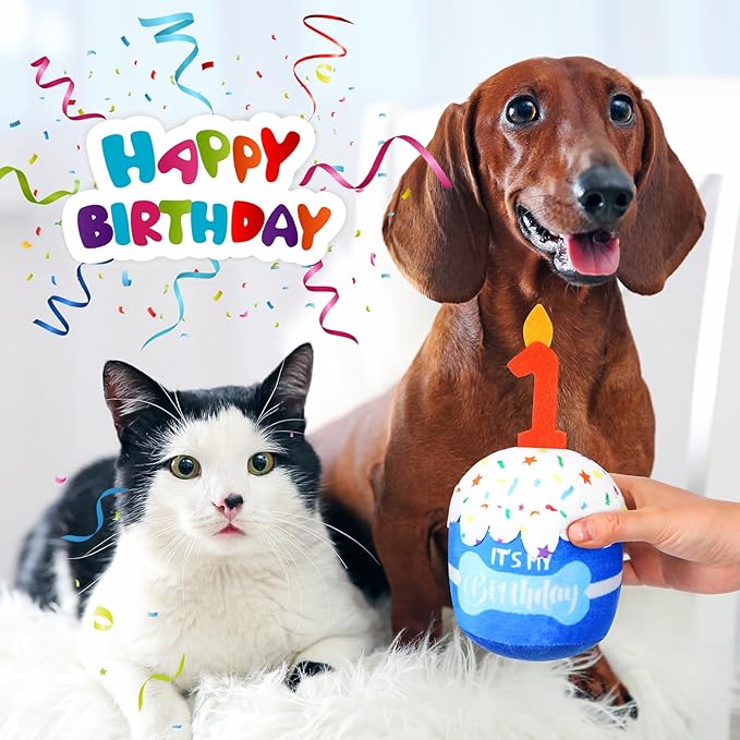 Dog Birthday Cake Toy Accessories for Girl Boy Gifts, Squeaky Plush Toy for Dog Birthday Party Decor Favor for Large, Medium and Small Dogs (1st,Blue)