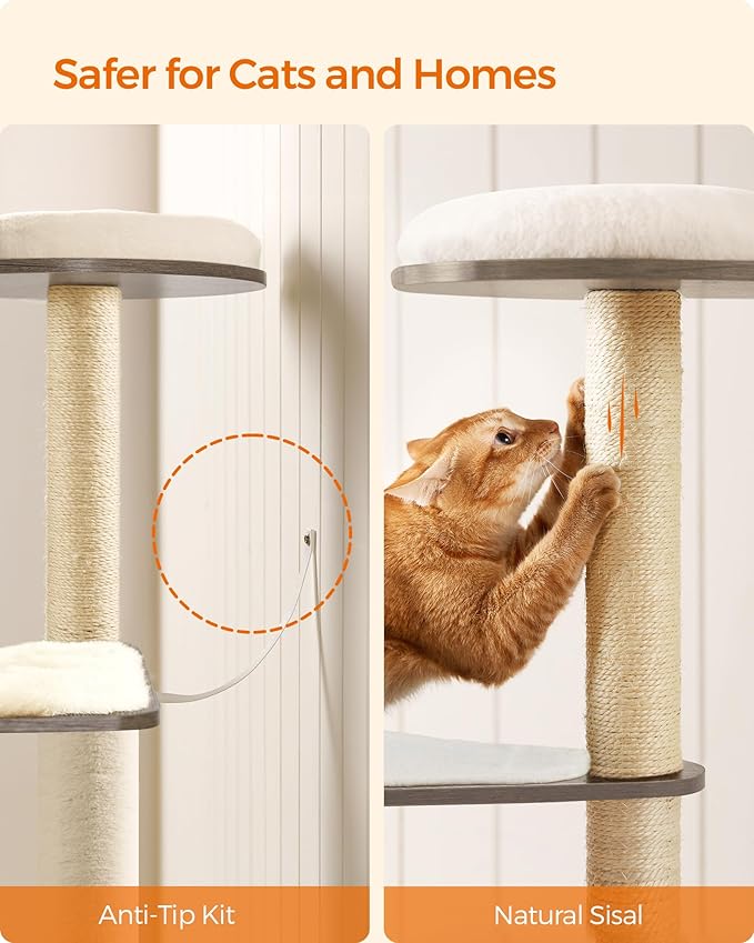 Feandrea Cat Tree, 64.6-Inch Modern Cat Tower, Multi-Level Condo with 5 Scratching Posts, Perch, Washable Removable Cushions, Cave, Heather Greige UPCT166G01