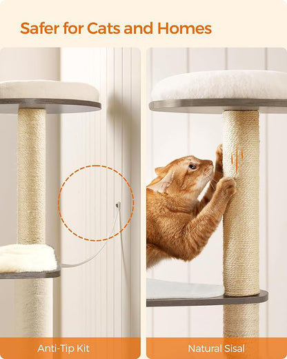 Feandrea Cat Tree, 64.6-Inch Modern Cat Tower, Multi-Level Condo with 5 Scratching Posts, Perch, Washable Removable Cushions, Cave, Heather Greige UPCT166G01