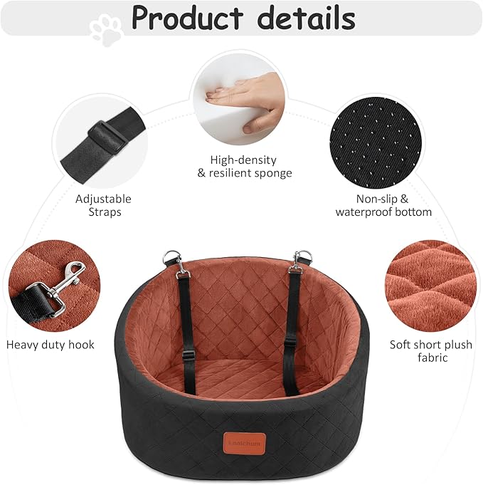 Lealchum Dog Car Seat for Small Dogs Up to 30 Lbs,Ultra Soft Fabric Fill in Comfy Memory Foam,Happy Pet Ride,2 Safety Dog Leashes,Fully Detachable and Washable,Anti Slip Base (Black/Brown, Small)