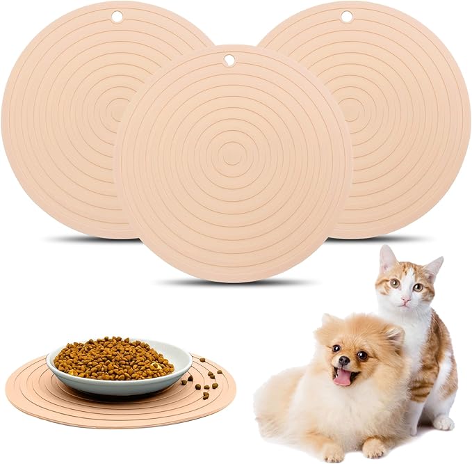 Fhiny 3PCS Silicone Pet Food Mat, 9.5" Round Waterproof Non-Slip Dog Cat Bowl Placemat Preventing Feed and Water Overflow Suitable for Medium Small Bowl Dish Plate Protect Floor (Pink, 9.5" Dia)