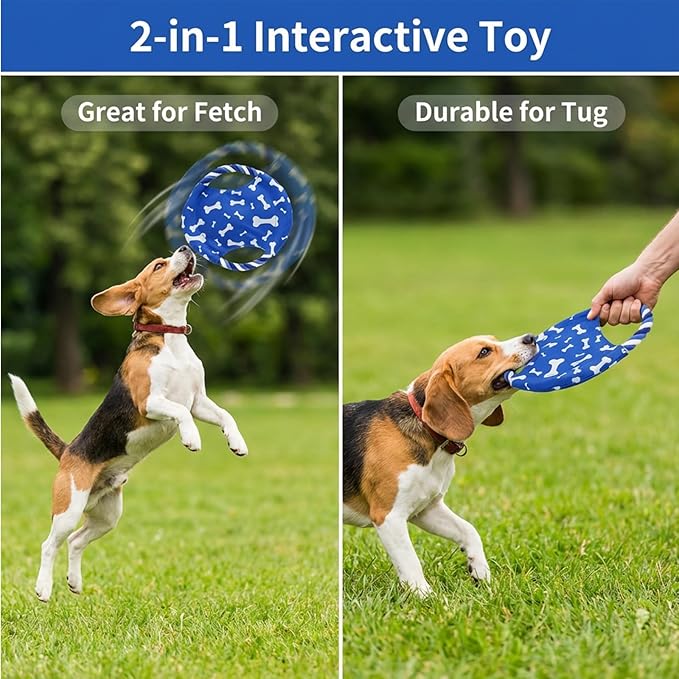 Dog Rope Flying Disc Toy with Squeaker | Durable Canvas Center & Braided Cotton Rope Ring | 2-in-1 Fetch & Tug Interactive Toy for Small & Medium Dogs | 9 Inch