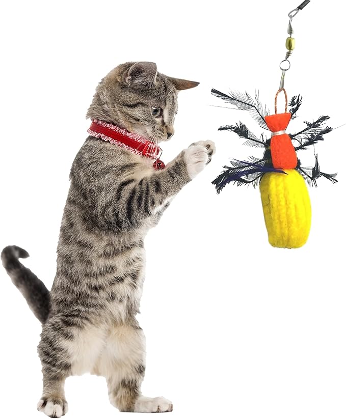 2 Inch Handmade Cat Toy Teaser Wand Refill Beetle - Yellow Natural Material Toys, Hunting Instinct Play, Interactive Exercise Attachment Set for Indoor Cats