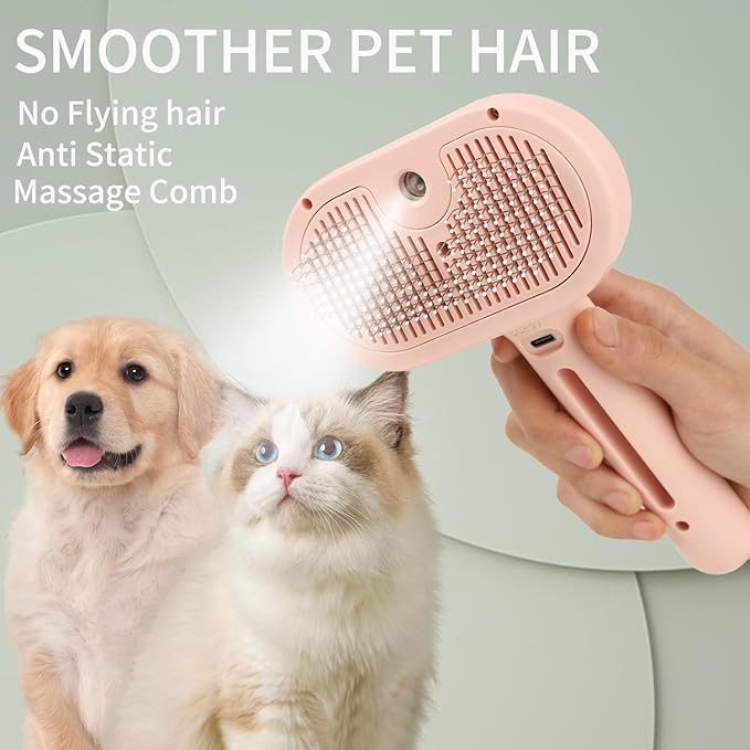 Cat Steam Brush for Long Haired Cats, Dog Brush for Shedding Pet Grooming, Self Cleaning Hair Removal Comb, Pink