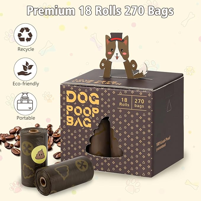 DBFAIRY Dog Poop Bags, 270 Count Pet Waste Bags Strong Thick, Leak Proof and Portable Poop Bags Refill Rolls for Dogs and Cats, 18 Rolls Coffee Scented Waste Bags