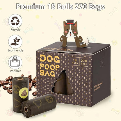 DBFAIRY Dog Poop Bags, 270 Count Pet Waste Bags Strong Thick, Leak Proof and Portable Poop Bags Refill Rolls for Dogs and Cats, 18 Rolls Coffee Scented Waste Bags