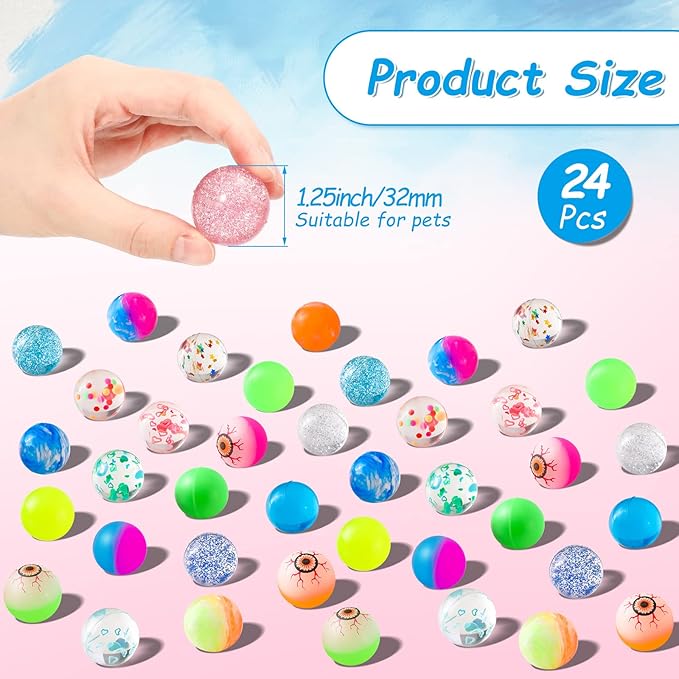 Cindeer 24 Pack 1.25 Inch Cat Toy Bouncy Balls Interactive Cat Ball for Colorful Indoor Pet Favorite Gift with High Elasticity for Exercise and Interactive Play