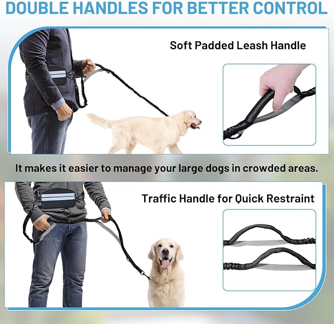Hands Free Double Dog Leash No Tangle, Waist Leash for Dog Walking, Retractable Dog Leashes for Medium and Large Breeds-Pouch & Lumbar Support, Adjustable Waist Belt, Retractable Bungee,Padded Handles