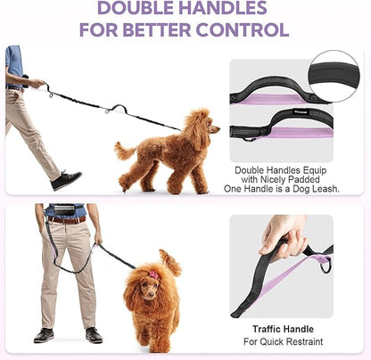 Hands Free Dog Leash, Shcok Abosoring Bungee with Double Padded Handles, Waist Leash for Dog Walking, with Bungee for Medium & Large Dog, Black Purple