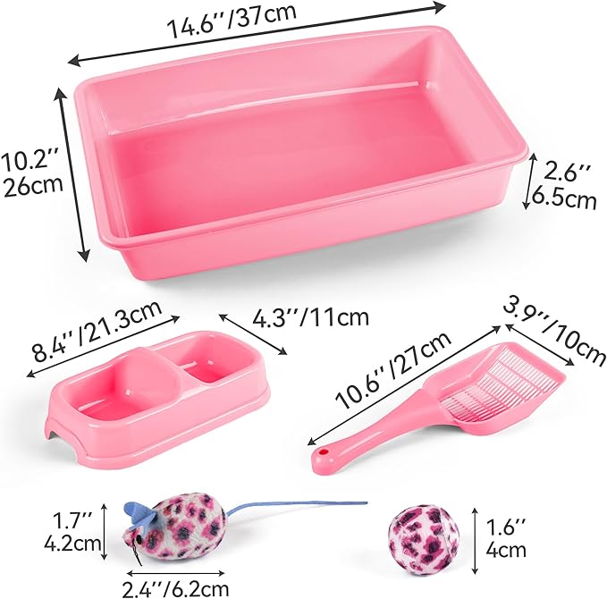 PAWISE Cat Litter Box Set, Small Kitten Starter Kit, Includes Litter Box, Litter Scoop, Double Dish Feeding Bowl, Cat Mouse Toy, Kitty Ball Toy, Pink