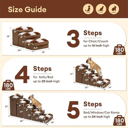 FUNNYFUZZY Dog Stairs for Small Dogs - 4 Steps Chessboard Plaid Handcrafted Dog Stairs with Storage - Multifunctional and Foldable, Brown