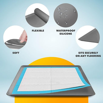 Skywin TidyFriend 2 Pack Dog Pee Pad Holder Tray - Fits Up to 24” x 24” Pee Pad Holder for Dogs - Stable Grip, Raised Edges, Quick-Wipe Silicone Surface Dog Pad Holder for Indoor (Dark Grey)