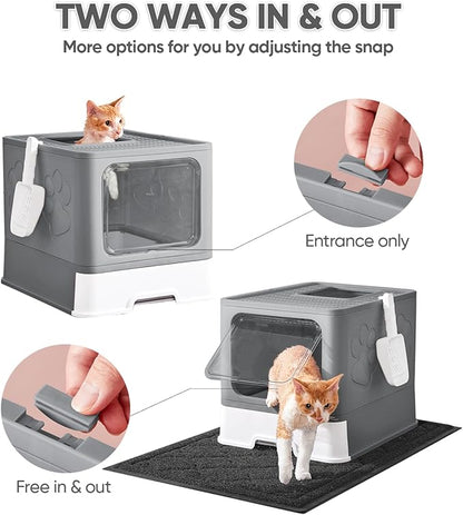 Cat Litter Box with X-Large Litter Mat and Scoop, Large Covered Litter Box with Lid, Enclosed Kitty Box,Front Top Entry Exit, Odor Control Easy to Clean (Upgrade Dark Grey)