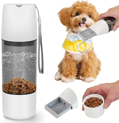 Portable 12 oz Dog Water Bottle with 4 oz Food Container for Dogs Puppy Cats, Leak Proof Pet Water Dispenser Feeder Drinking Bowl for Outdoor Walking Hiking Travel