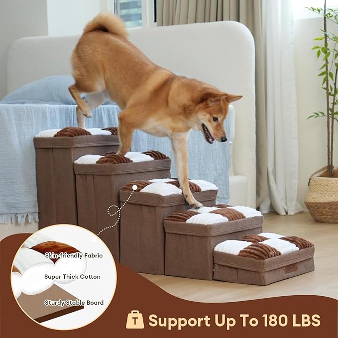FUNNYFUZZY Dog Stairs with Storage 13“H,Foldable 3-Step Pet Steps for Small Medium Dogs with Sturdy Stylish Cover,Dog Steps for Couch Sofa and Chair,Non-Slip, Indoor,Brown