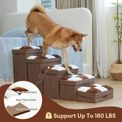 FUNNYFUZZY Dog Stairs with Storage 13“H,Foldable 3-Step Pet Steps for Small Medium Dogs with Sturdy Stylish Cover,Dog Steps for Couch Sofa and Chair,Non-Slip, Indoor,Brown