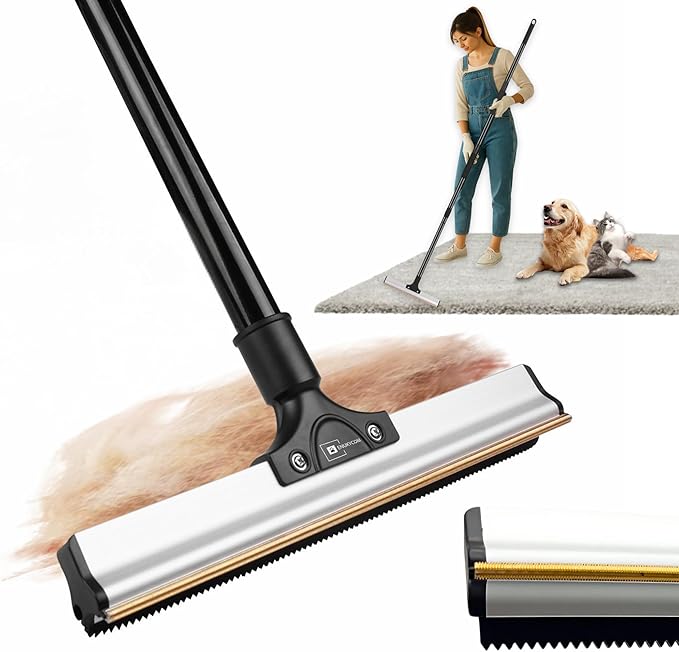 Dual-Edge Carpet Rake for Pet Hair Removal & Fluffing Matted Carpet – 61" Adjustable Handle, Deep Clean Dog & Cat Hair Remover, Reusable Scraper for Rugs, Low Pile Carpet, Couch & Stairs