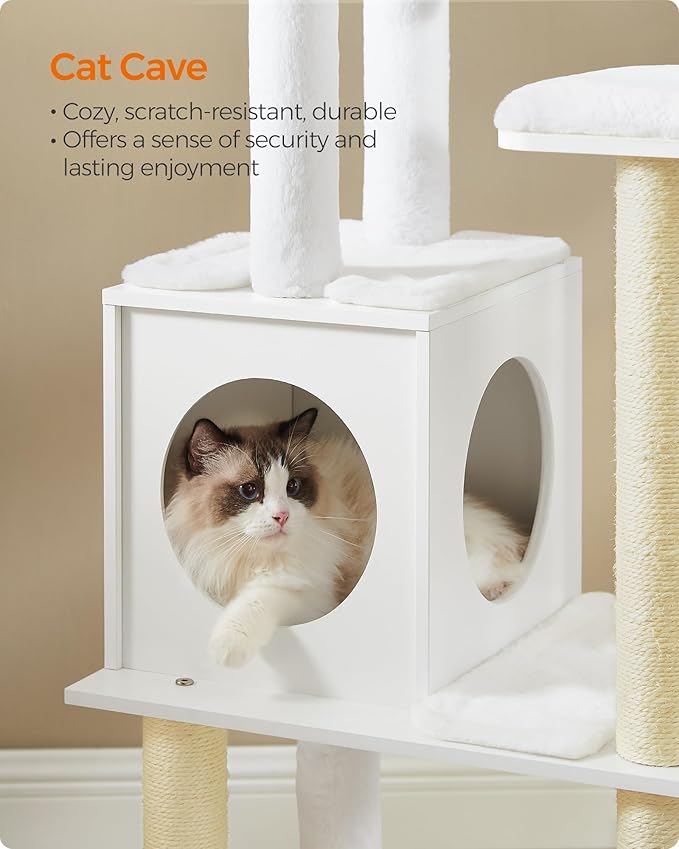 Feandrea Cat Tree, 65-Inch Modern Cat Tower for Indoor Cats, Multi-Level Cat Condo with 5 Scratching Posts, Perch, Washable Removable Cushions, Cat Furniture, Cloud White UPCT166W01