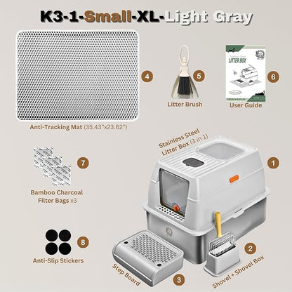 XL Stainless Steel Litter Box with Lid, Fully Enclosed 6" Deep Metal Cat Litter Box, Leak-Proof, Clumping Litter for Large, Multi-Cats, with Litter Mat, Scooper & Brush (6" Light Gray XL)