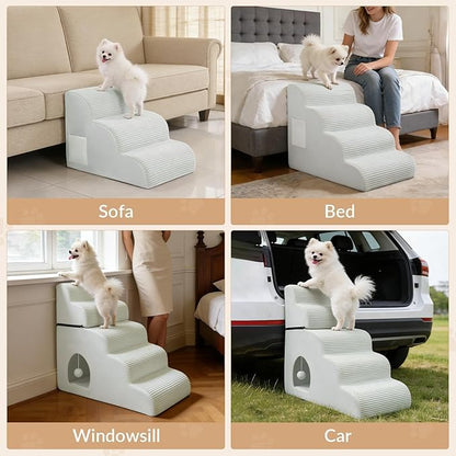 Dog Stairs for Bed Up to 24" H, Extra Height 22.8" 4-Step Pet Steps for Small Dogs and Cats, Non-Slip Sturdy Dog Ramp with Anti-Tip Safety Strap and Washable Cover,Balanced Ramp Indoor Pet Stairs