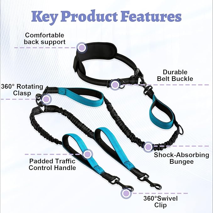Hands Free Double Dog Leash for Two Dogs- No Tangle No Pull Dual Leash with Padded Adjustable Waist Belt & Reflective Stitching - Ideal for Running, Jogging, Hiking with Medium & Large Breeds