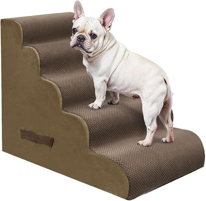 PAWSCART Pet Stairs for Dogs 5-Step, 22.8" H Pet Stairs for High Bed, Couch Sofa & Chair, 30D Material Soft Foam Dog Steps with Non-Slip Bottom Surface Removable Washable Cover, Brown