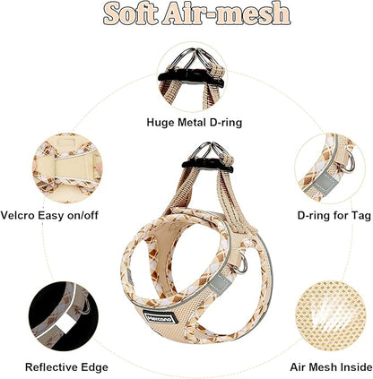 Mercano Soft Mesh Dog Harness and Leash Set, No-Chock Step-in Reflective Breathable Lightweight Easy Walk Vest Harnesses with Safety Buckle for Small Dogs, Cats (Beige, M)