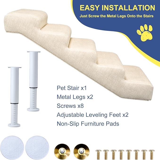 DoCred Adjustable Dog Stairs for Beds & Sofas - 5 Step 18.5"-21.6" H Non-Slip Pet Stairs for Small to Medium Dogs & Cats, Supports up to 150 lbs - Linen Faux Leather Dog Steps