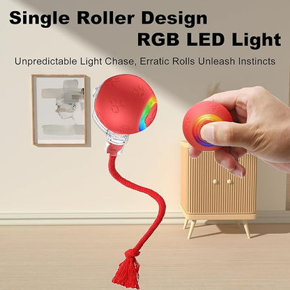 Quibron Interactive Cat Ball Toy with Flashing Lights & Bird Sounds - Multi-Surface Adaptive Roller, USB Rechargeable Motion-Activated Cat Teaser for Indoor Cats, Smart Enrichment Gift (Red)