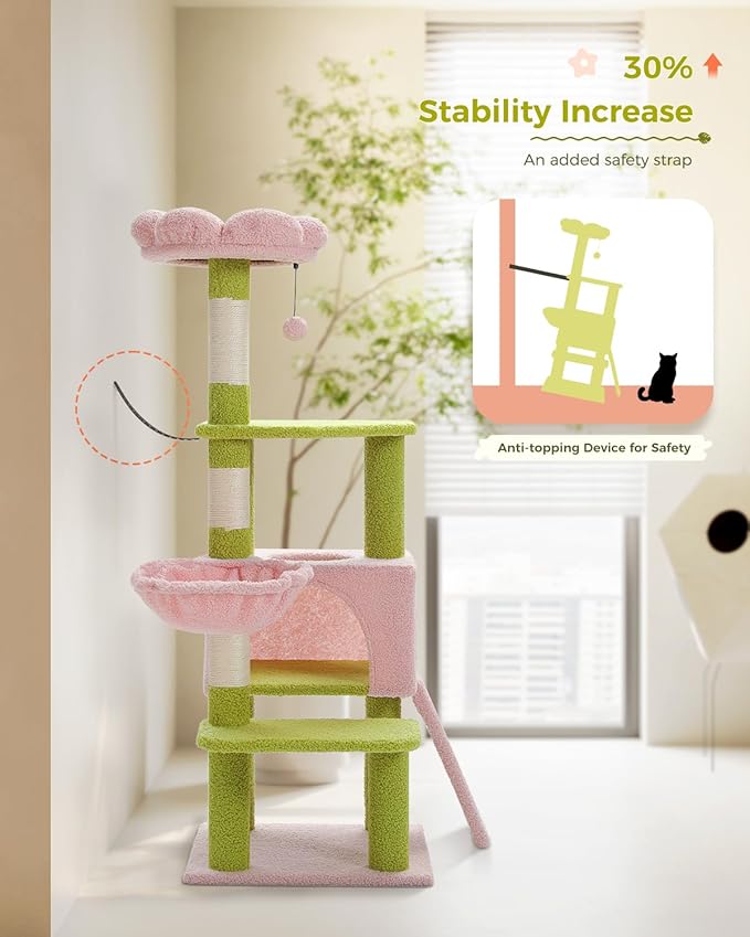Flower Cat Tree 47.2" Multi-Level Cat Tower with Sisal Covered Scratching Posts, Cute Cat Condo for Indoor Small Medium Cats, Pink Top Perch, Fluffy Ball, Pink