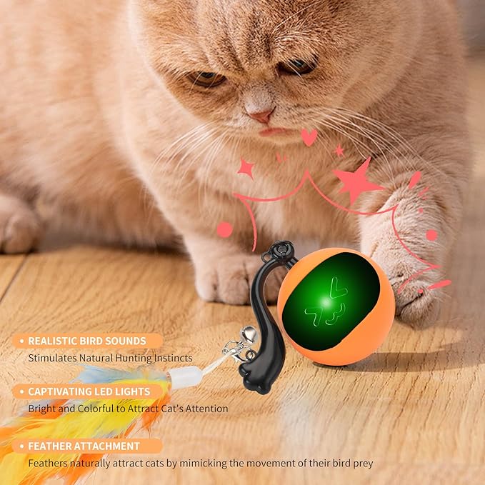 Interactive Remote Control Cat Toy Ball,Smart Motion-Activated Self-Rolling Ball with Sound&LED&Detachable Feather,Rechargeable Indoor Hunting Exercise Toy for Bored Indoor Cats and Kittens Orange